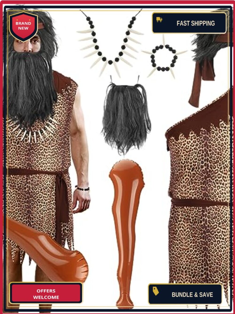 8 Pc Men's Halloween Caveman Costume Jungle Cosplay Party Set